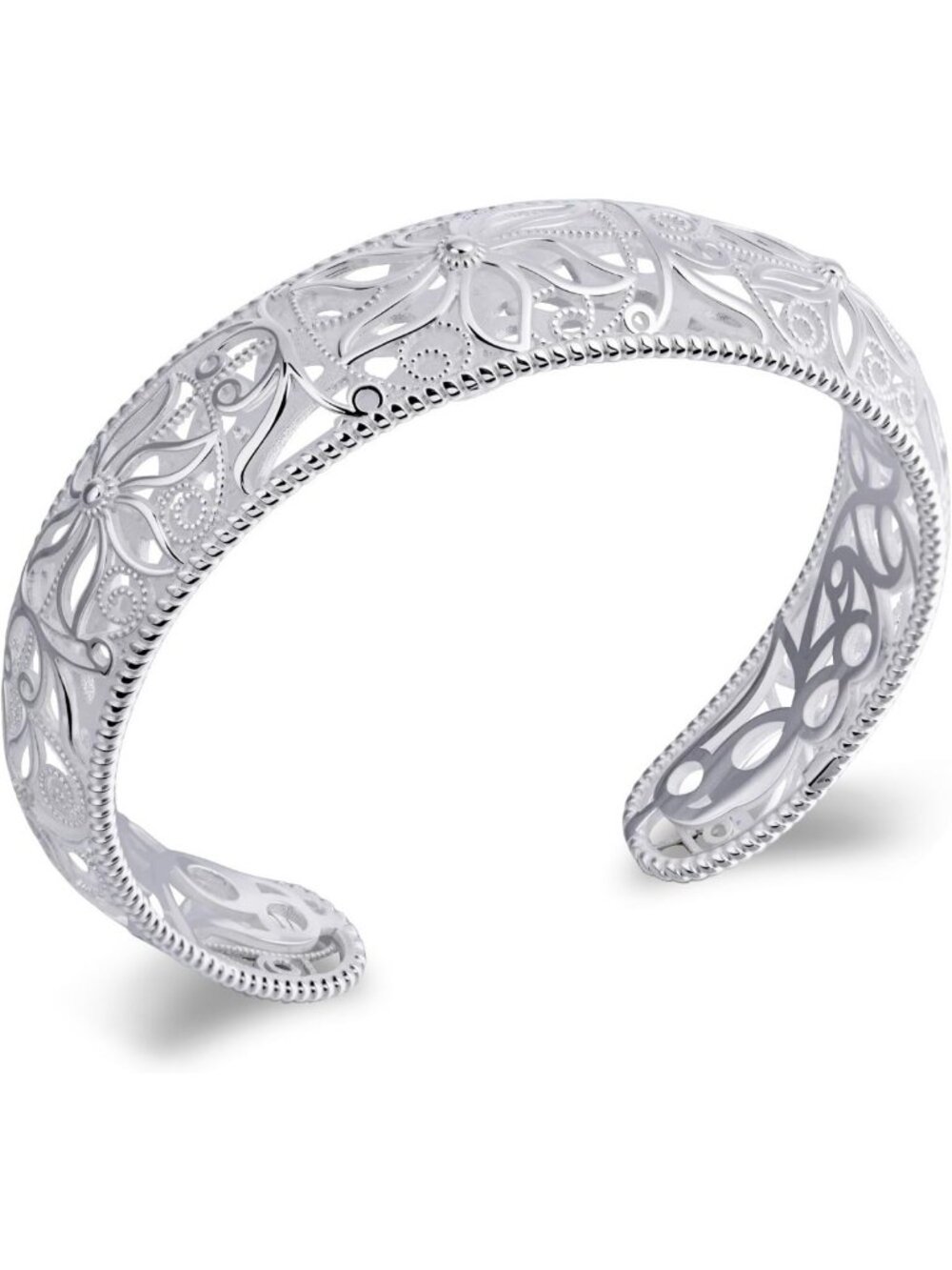 Bohemian Floral Cuff Bracelet - Sterling Silver & Gold Chunky Wide Bangle for